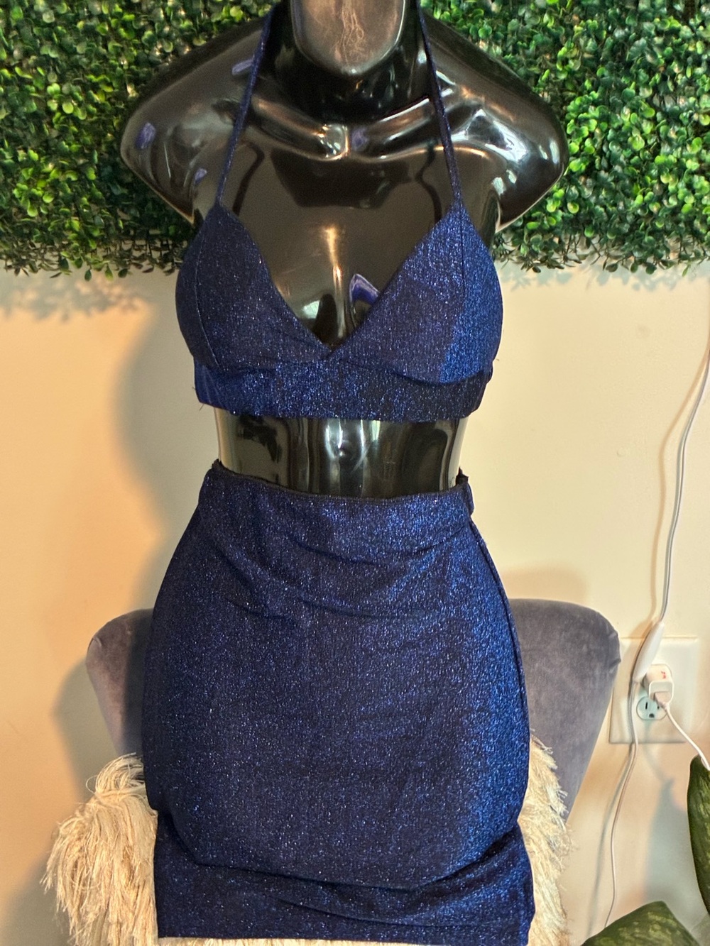 Shimmery Navy Two-Piece Crop Top & Skirt Set